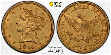 1846 $5 Large Date AU58