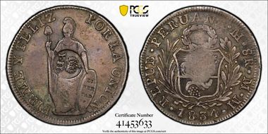 (1834-37) 8 R KM-138.2 C/M on Peru 8R XF40