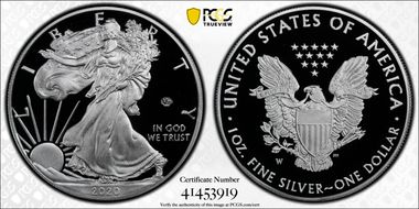 2020-W  $1 Silver Eagle - v75 Privy First Strike PR70DCAM