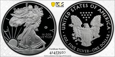 2020-W  $1 Silver Eagle - v75 Privy First Strike PR69DCAM