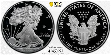 2020-W  $1 Silver Eagle - v75 Privy First Strike PR69DCAM