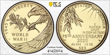 2020-W $25 End of World War II 75th Anniv.  First Strike PR70DCAM