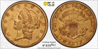 1854 $20 Large Date AU53