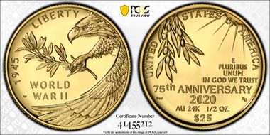 2020-W $25 End of World War II 75th Anniv.  First Strike PR69DCAM