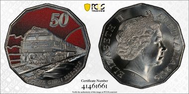 2019 50C 90 Ann. of Ghan Colorized MS69