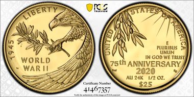 2020-W $25 End of World War II 75th Anniv.  First Strike PR70DCAM