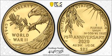 2020-W $25 End of World War II 75th Anniv.  First Strike PR70DCAM