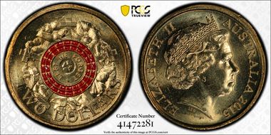 2015 $2 Lest We Forget Colorized Poppy Counterstamp MS67