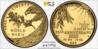 2020-W $25 End of World War II 75th Anniv.  First Strike PR70DCAM