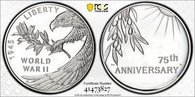 (2020) Medal End of World War II 75th Anniv.  First Strike PR70DCAM