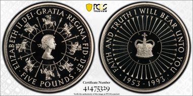 1993 £5 S-L2 40th Ann. of Coronation Cu/Ni S-L2 PR69DCAM