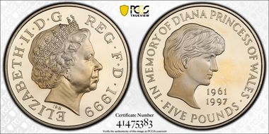 1999 £5 S-L6 Diana Cu/Ni PR69DCAM