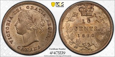 1870 10C Wide Date, Narrow 0 MS64+