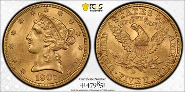 1907-D $5 MS64+