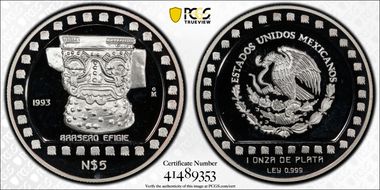 1993-Mo 5 Peso Brasero Efigie T-1 Mo R. Obv. Field PR66DCAM