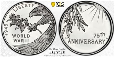 (2020) Medal End of World War II 75th Anniv.  First Strike PR70DCAM