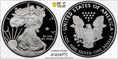2020-W  $1 Silver Eagle - v75 Privy First Strike PR70DCAM