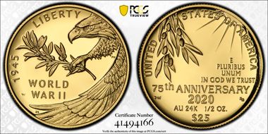 2020-W $25 End of World War II 75th Anniv.  First Strike PR70DCAM