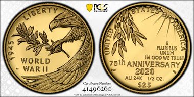 2020-W $25 End of World War II 75th Anniv.  First Strike PR70DCAM