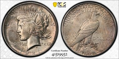 1921 $1 High Relief, Peace MS62