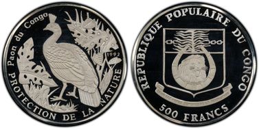 1992 500 Fr Congo Peafowl PR68DCAM