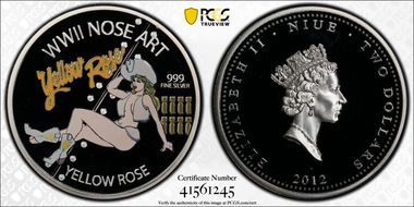 2012 $2 Yellow Rose WWII Nose Art Colorized PR70DCAM