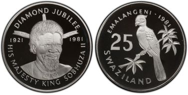 1981 25 Em King Sobhuza II Diamond Jub.  KM-34  Ag PR69DCAM
