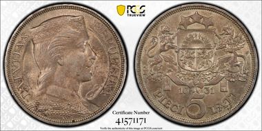 1931 5 Lat KM-9  Ag AU58