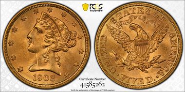 1908 $5 Liberty MS64+