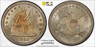 1842-O 25C Large Date MS64