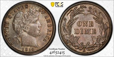1916-S 10C Barber MS65