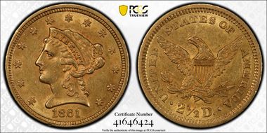 1861 $2.50 New Reverse AU58