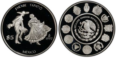 1997-Mo 5 Peso Jarabe Tapatio Dance KM-629  Ag PR66DCAM