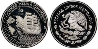 1999-Mo 5 Peso Navy School Centennial Cuauhtemoc KM-635 Ag PR66DCAM