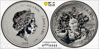 2018 $5 Legends & Myths - Medusa Reverse Proof PR68