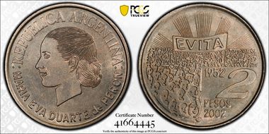 2002 2 Peso Eva Peron RE MS65