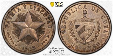 1915 Peso High Relief KM-15.1 AU50