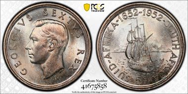 1952 5 Shil 300th Ann. of Capetown KM-41  Ag MS64