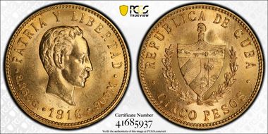 1916 5 Peso KM-19  Au MS63