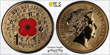 2015 $1 WWI War Heroes-Red Poppy Colorized MS67