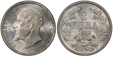 1913 2 Leva KM-32  Ag AU58