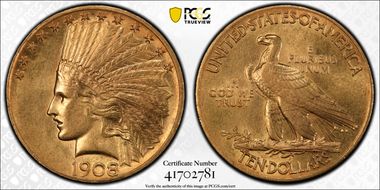 1908 $10 Motto AU58