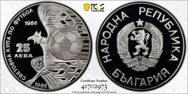 1986 25 Leva World Cup KM-156.1 Date Above Eagle PR69DCAM