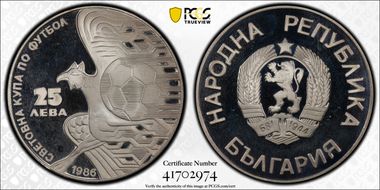 1986 25 Leva World Cup KM-156.2 No Date Above Eagle PR68DCAM