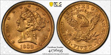 1908 $5 Liberty MS63