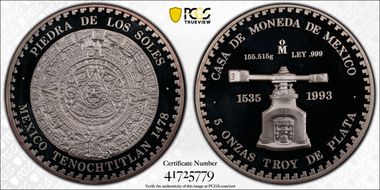 1993-Mo 5 Onza Aztec Calendar PR67DCAM