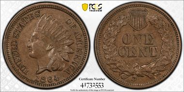 1864 1C Copper-Nickel AU55