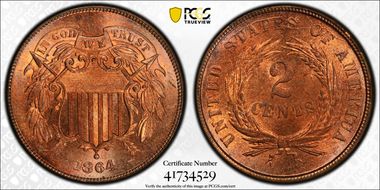 1864 2C Large Motto MS66+ RB