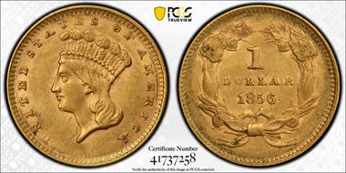 1856 G$1 Upright 5 AU58+