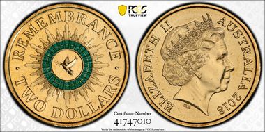 2018 $2 Remembrance Dove Colorized 30th Ann. $2 Coin MS67